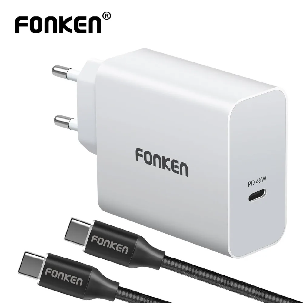 FONKEN type-C 45 Вт PD зарядное устройство с USB C кабелем Быстрая Зарядка телефона USB зарядное устройство 15 в 3 А Тип C ноутбук быстро настенный USB адаптер для путешествий