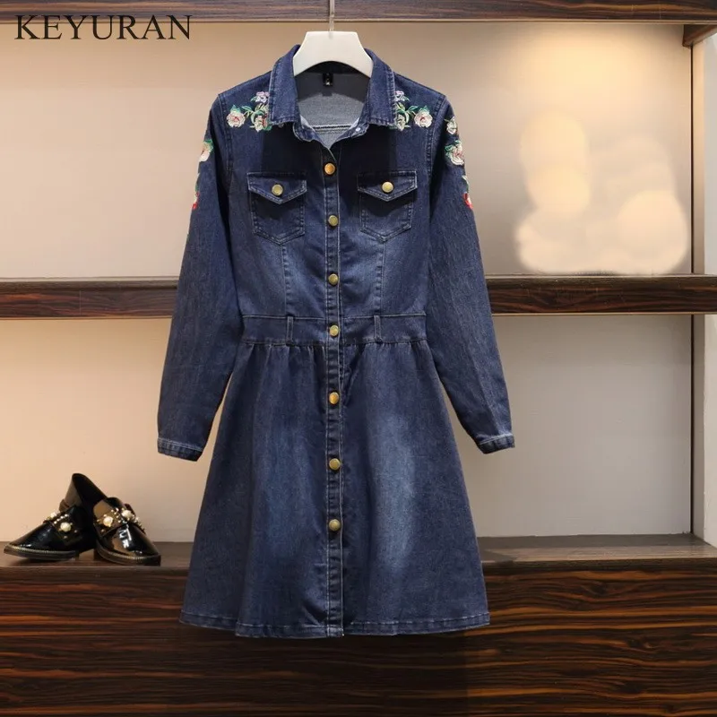 Elegant Spring Autumn Chic Floral Embroidery Dresses Long Sleeve A-Line Women Casual Denim Lapel Single-breasted Dress Big Size | Женская