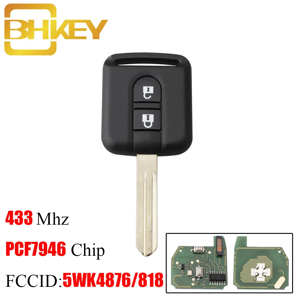 BHKEY 2 кнопки 433 Мгц дистанционный ключ автомобиля для Nissan 5WK4876/818 ID46/PCF7946 чип для Elgrand X-TRAIL Qashqai Navara Micra Note NV200