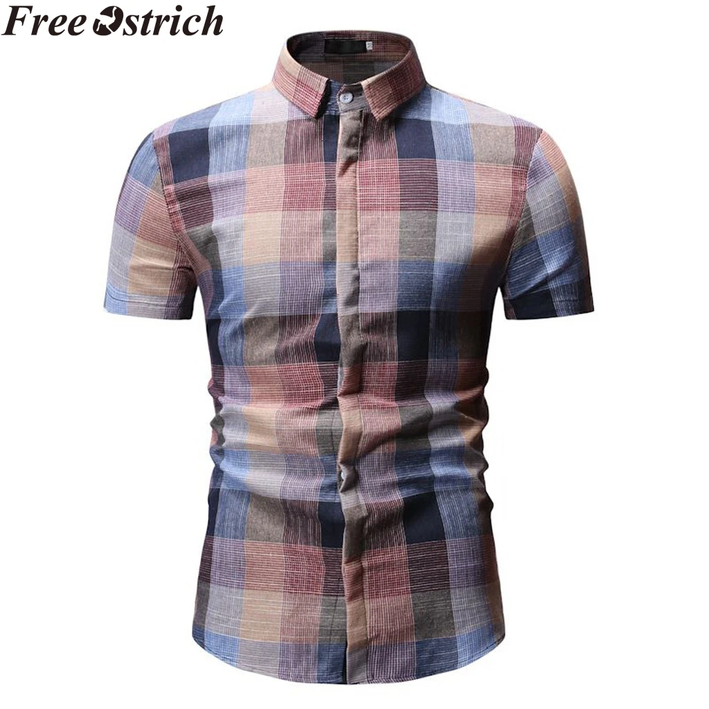 Summer Men's Shirt Short Sleeve Plaid Gradient Fashion New arrive Lapel Casual Tops Business Social Plus Size Men Pocket | Мужская
