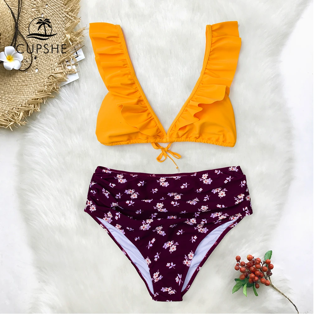 CUPSHE/комплект бикини с начесом желтого и фиолетового цветов женские купальники