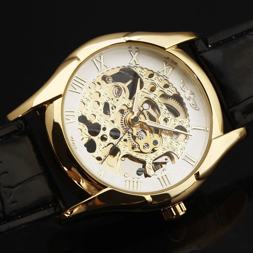 Новые роскошные Брендовые мужские черные часы с кожаным ремешком золотые резным