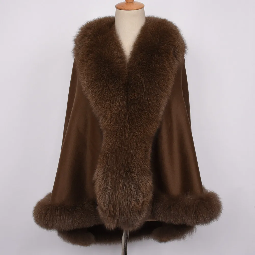 Brown JKKFURS, женское пончо, натуральный Лисий мех, воротник, отделка и кашемировая накидка, шерсть, модный стиль, Осень-зима, теплое пальто, S7358 - Цвет: Brown