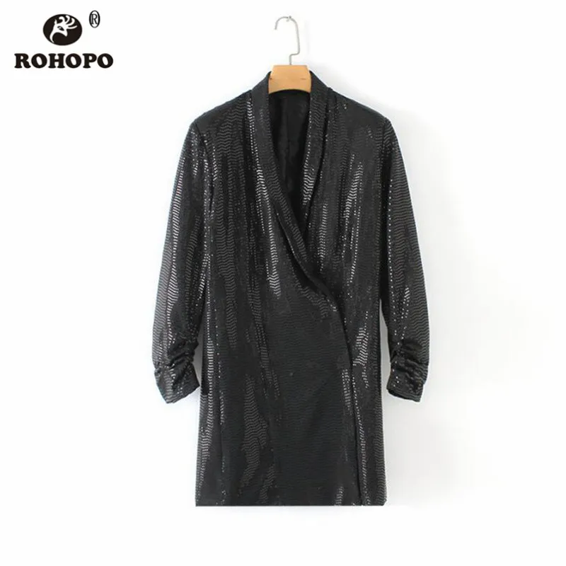 ROHOPO Black Polk Dot Sequined Straight Mini Dress Lantern Long Sleeve Autumn Notched Collar Vintage Tunic Dresses #HY8659 | Женская