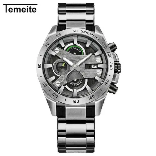 SILVER GREEN TEMEITE лучший бренд класса люкс ВИНТАЖНЫЕ КВАРЦЕВЫЕ ЧАСЫ Мужские медный стальной ремешок 3 циферблата 6 стрелок Дата шикарные военные негабаритные наручные часы - Цвет: SILVER GREEN