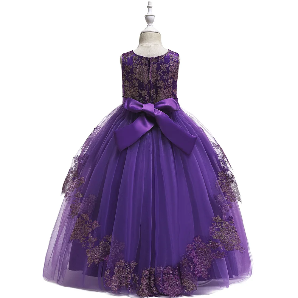 Красивое бальное платье фиолетовое кружевное с цветочным узором для девочек