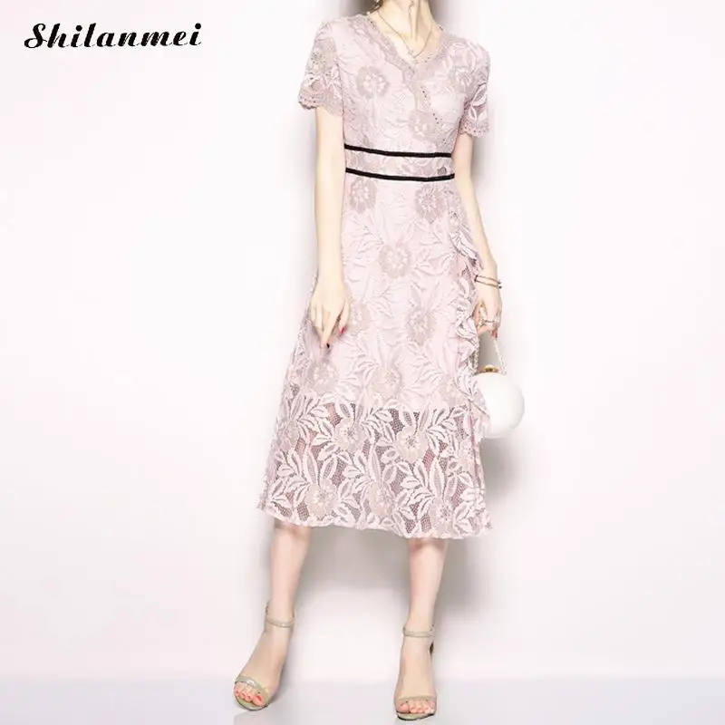 Элегантный Lace A-Line Midi платье Для женщин V шеи халат Винтаж короткий рукав 2018 летние