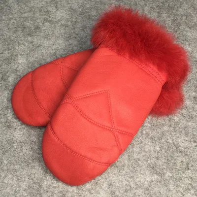 red High Quality Women Sheepskin Gloves Genuine Leather Glove Women For Male Winter Mittens Outdoor skiing Warm Thermal Gloves - Цвет: red