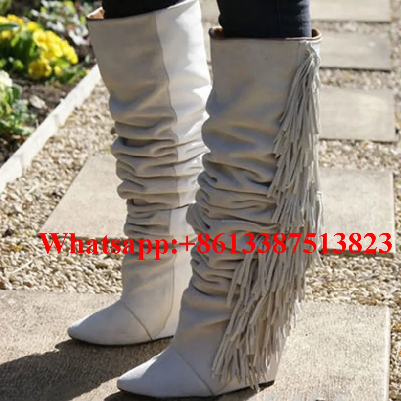 Дамы бахромой замши и мягкой кожи Высокие сапоги до колена с на танкетке без