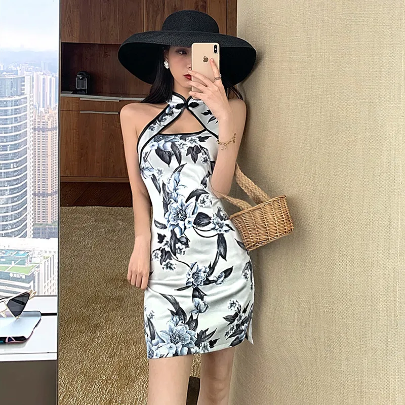 Real shot new fashion retro printing short Slim cheongsam dress elegant sexy party seaside vacation stretch mini | Женская одежда