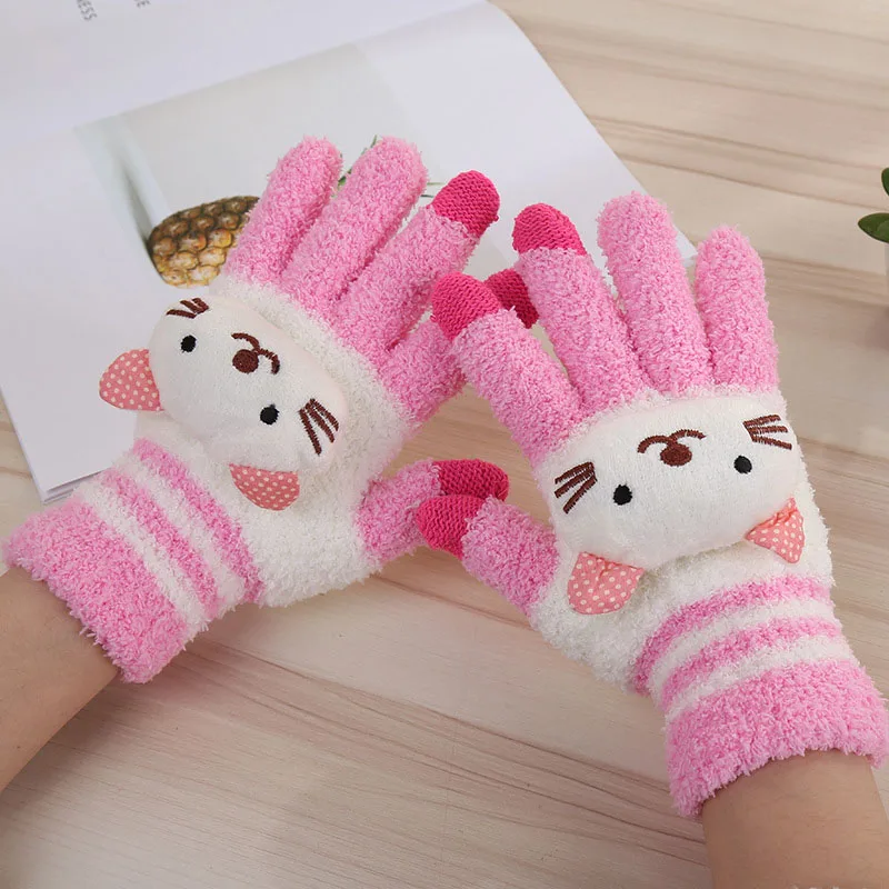 Pink Женские зимние теплые вязаные перчатки с милой пандой, котом, кроликом для девочек, женские модные варежки из кораллового флиса, перчатки A68 - Цвет: Pink