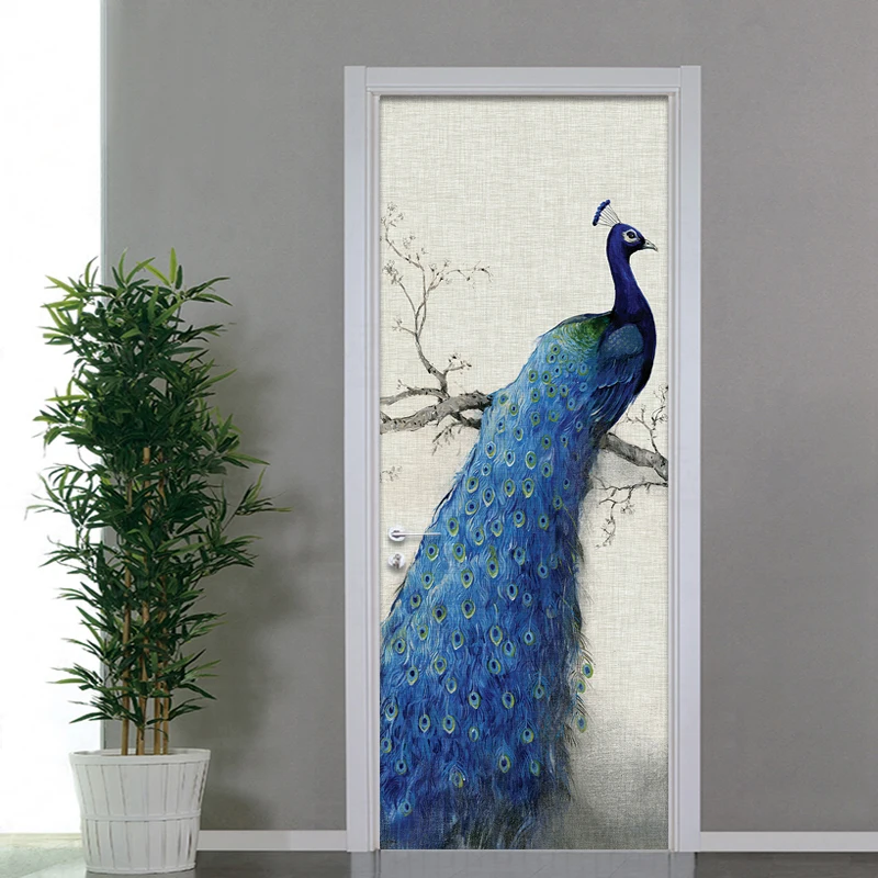 

Настенные обои в китайском стиле с синим павлином, для современной гостиной, спальни, двери, настенные наклейки, ПВХ водонепроницаемые, вини...