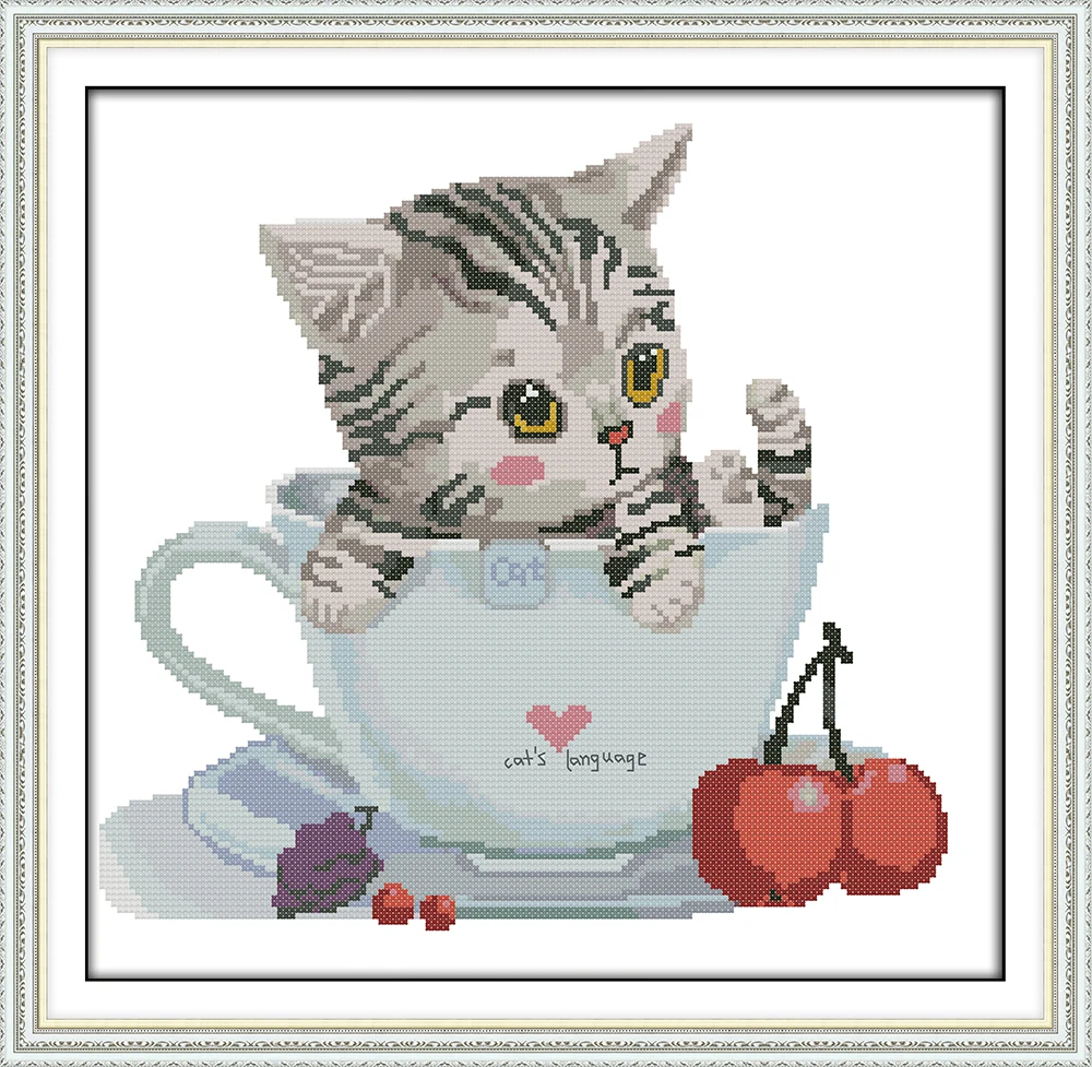

Joy Sunday The Cat In The Cup Counted Cross Stitch Print Cross Stitch DIY Cross Stitch Kit Embroidery for Home Decor Needlework