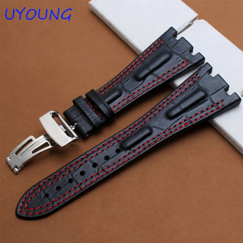 Ремешок для часов из натуральной кожи 28 мм черный кожаный браслет с складной