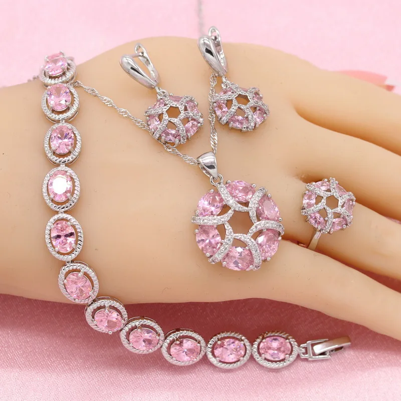 Round Pink Cubic Zirconia 925 Silver Jewelry Sets For Women Engagement Earrings Bracelet Pendant Necklace Ring WPAITKYS | Украшения и