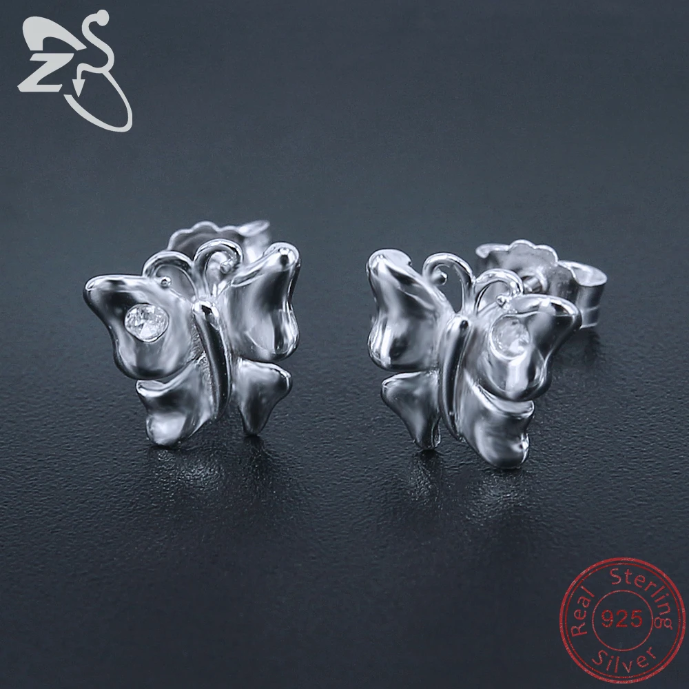 ZS 925 Sterling Silver Butterfly Earrings with Clear Crystal Stud Cute for Girls Kids Animal Oorbellen Jewelry | Украшения и