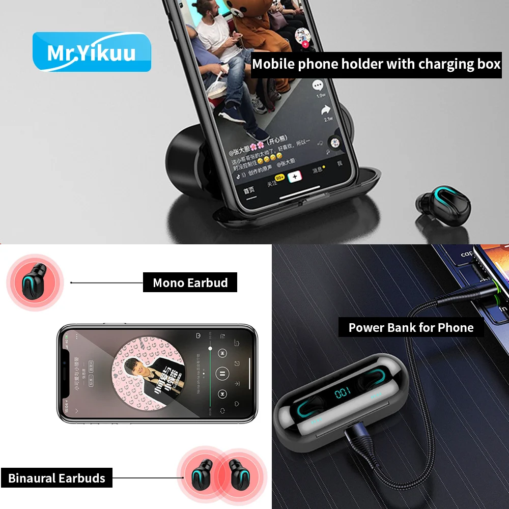Mr. Yikuu Беспроводные стереонаушники мини в ухо Bluetooth 5,0 наушники с светодиодный цифровой дисплей зарядная коробка для iPhone 7 8 X Xs
