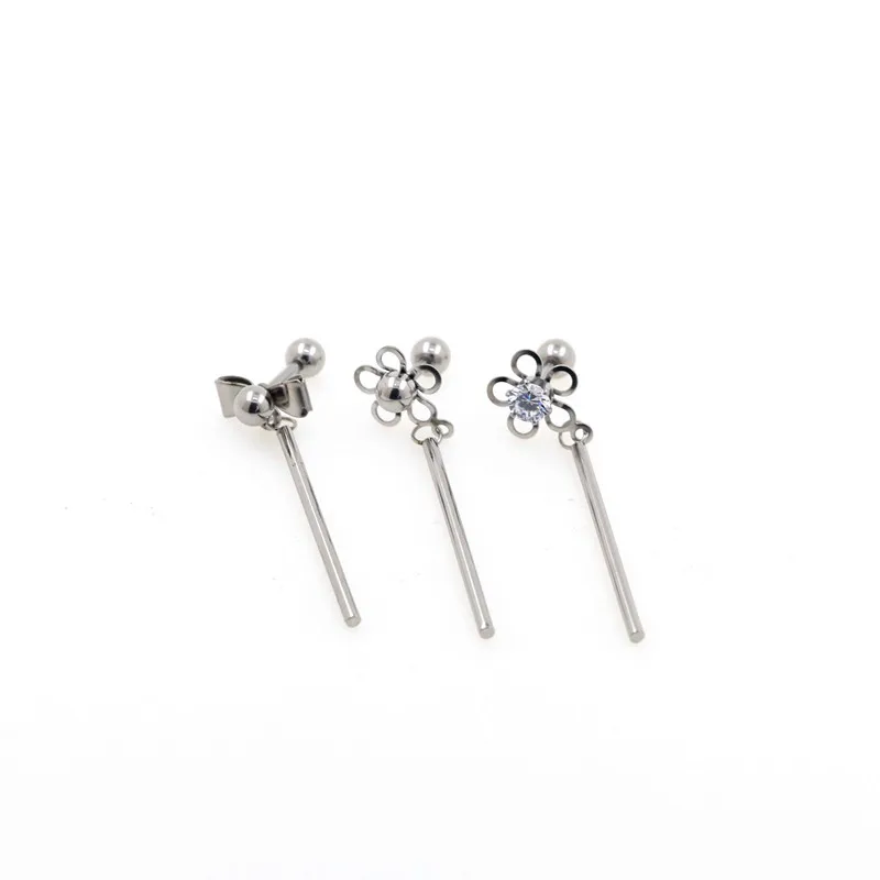 MIXED 3 styles Горячая 30 шт 16G хирургической Сталь Цветок мотаться удлиненная рукоять Циркон пирсинг ухо траг серьги - Окраска металла: MIXED 3 styles