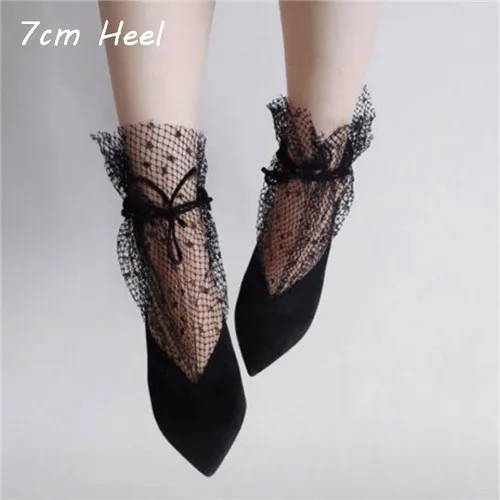 7cm heel black Пикантные черные женские туфли на высоком каблуке с кружевом; весенние туфли с острым Носком На Шнуровке Для вечеринки и свадьбы; модная обувь; zapatos mujer Tacon; TB001 muyisxi - Цвет: 7cm heel black
