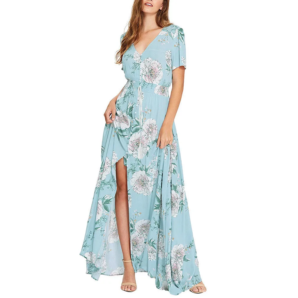 Women Summer Casual Floral Print V-neck Dresses Long Dress Button Up Split Flowy Party Maxi 2*0 | Женская одежда
