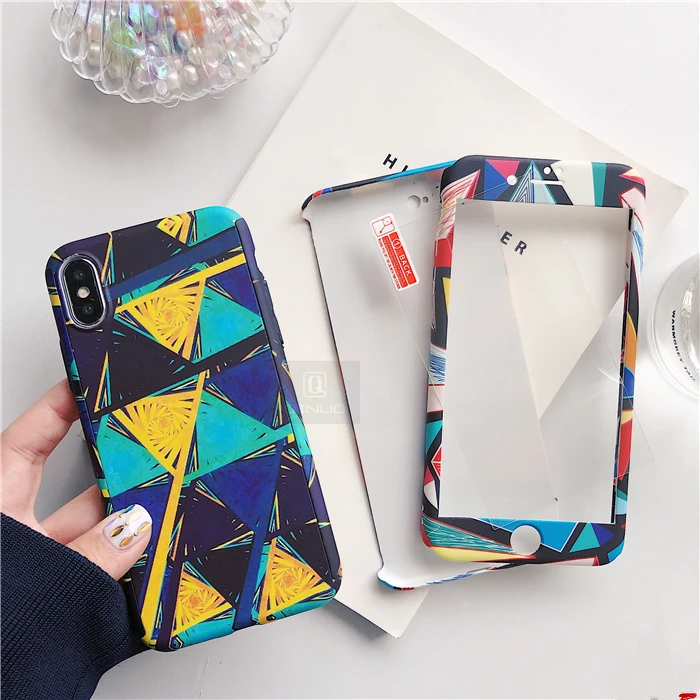 QINUO Full Cover Art painting Case for iPhone X XS Max XR Matte 5 6 6s 8 7 Plus Hrad PC With Tempered Glass Capa |