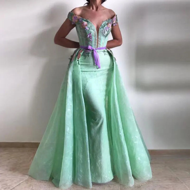 

Elegant Off Shoulder Mermaid Flower Evening Party Dress With Detachable Train robe de soiree 2019 Fashion Long Vestido De Noche