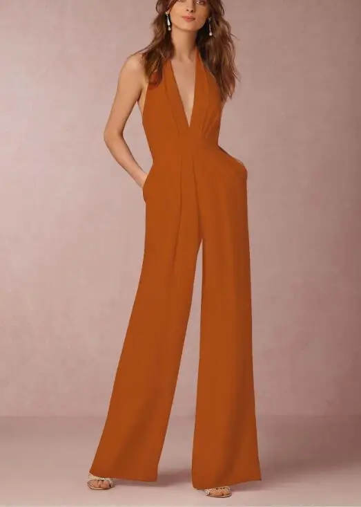 

2019 New Fashion Womens Sexy Deep V-Neck Backless Halter Wide Leg Pant Jumpsuits Sleeveless Long Romper formal Playsuit