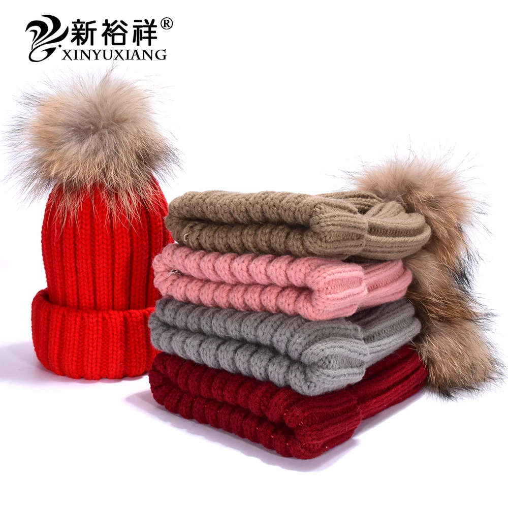 Натуральная меховая шапка с помпоном, акриловые вязаные толстые зимние шапки для женщин, шапочки и черепа, женская вязаная шапка, капот Femme