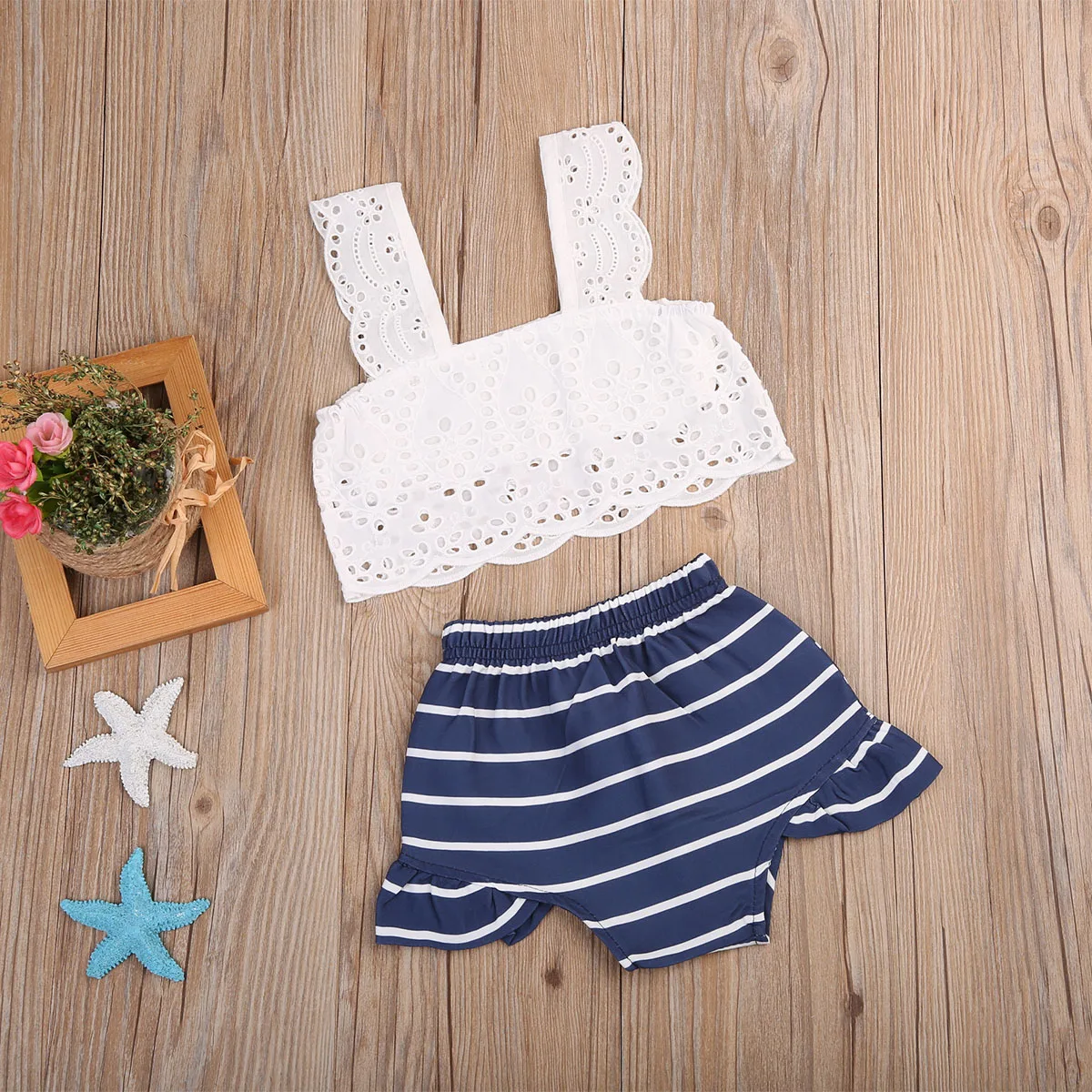 Летний комплект одежды для маленьких девочек белая майка футболка Топы + синие
