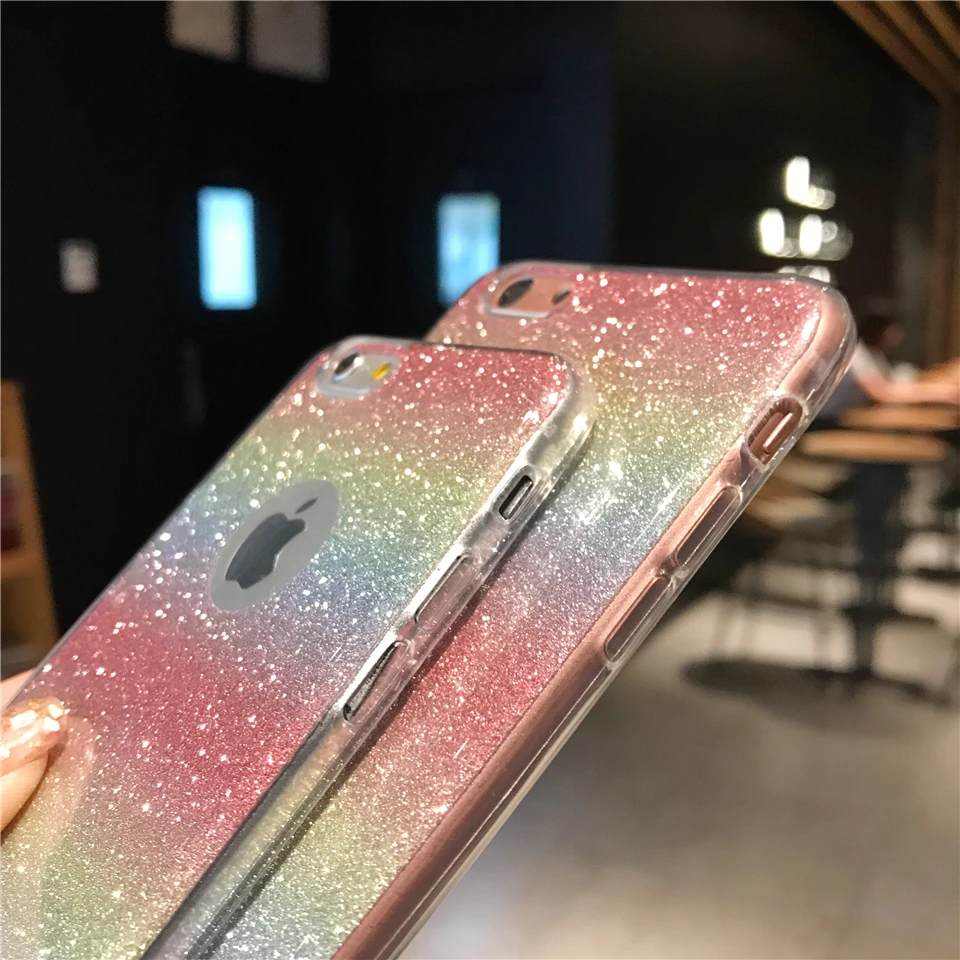 Блеск 2 в 1 Rainbow Чехол для iPhone 7 Plus SE 6 s 8 X XR XS MAX huawei Коврики 20 10 Lite p20 P10 Honor 8X ТПУ чехол