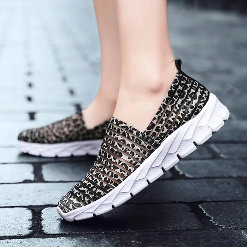 leopard Летние женские кроссовки без шнуровки для бега, дышащие кроссовки для тенниса, женские кроссовки с сеткой, спортивная обувь, светильник, спортивная обувь, B-336 - Цвет: leopard