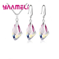 new 925 sterling silver jewelry sets geometric austrian crystal pendant necklace hook earwire earrings wedding accessory