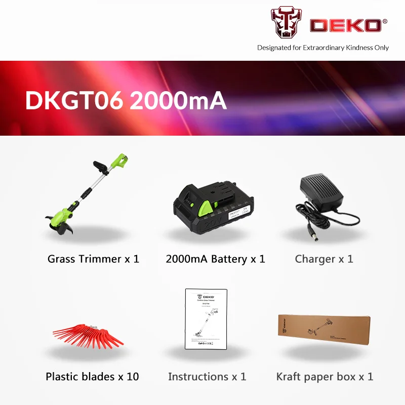 2000mAh DEKO DKGT06 20 в литиевый 1500/2000 мАч беспроводной триммер для травы с аккумуляторной батареей и подвески с лезвиями регулируемый Рабочий угол - Цвет: 2000mAh