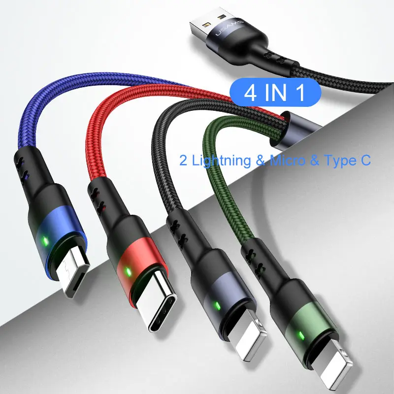 4 in 1 Straight 1.2M USAMS 4 в 1 Micro USB кабель 3A type C кабель для iPhone USB C кабель для зарядки 3 в 1 Пружинные шнуры для iPhone x xs samsung - Цвет: 4 in 1 Straight 1.2M