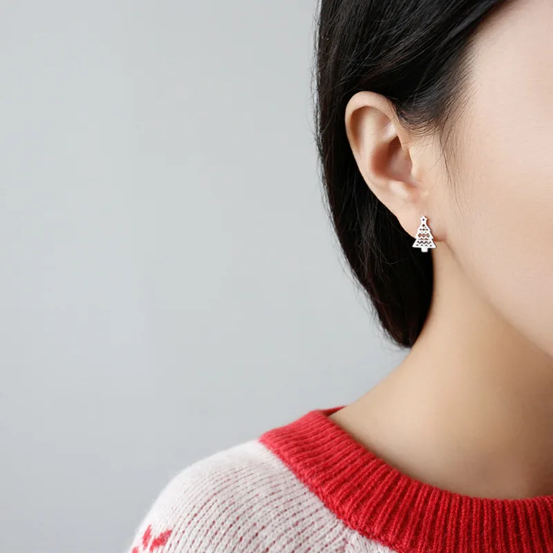 100% 925 Sterling Silver Simple Mini Elk Hollow Christmas Tree Stud Earrings for Women Fine Jewelry Engagement Gift WDE034 | Украшения и