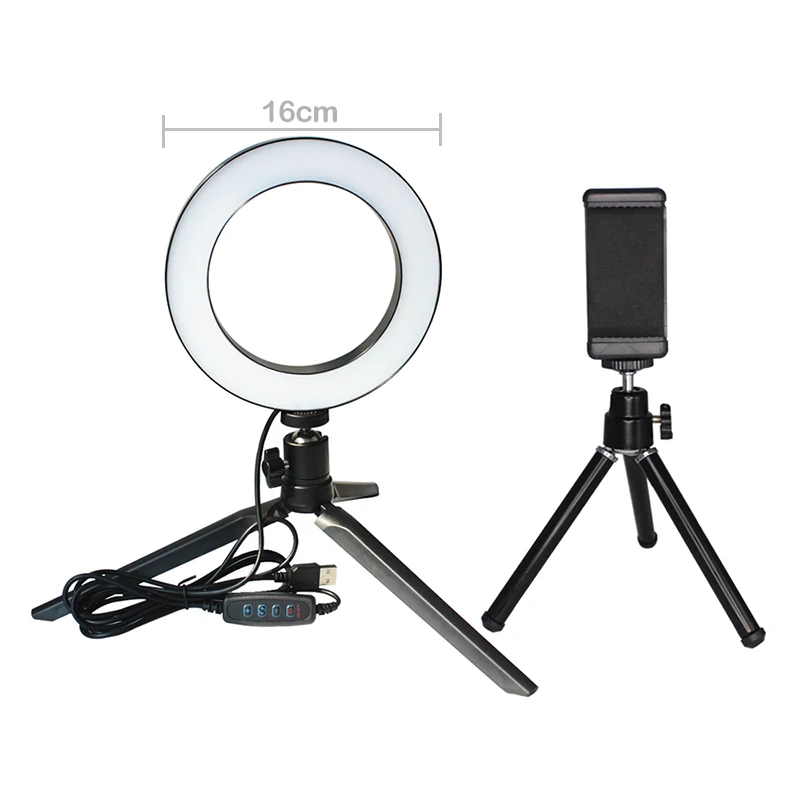 16cm black 3 in 1 Светодиодный светильник для селфи с регулируемой яркостью 16 см и 20 см, для студийной фотосъемки, телефона, видео с мини-штативом, usb-разъемом, кольцевая лампа, usb-разъем - Цвет: 16cm black 3 in 1