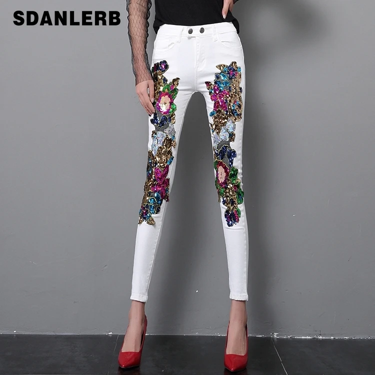Весенние и летние женские белые джинсы с блестками тонкие универсальные