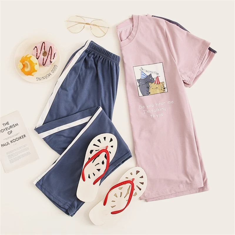 Dotfashion/пижамы для женщин с принтом из мультфильмов и букв, комплект летней одежды для сна, женская одежда для сна с коротким рукавом, повседневный пижамный комплект