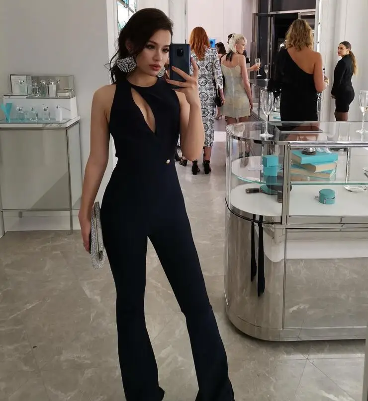 

Runway Bandage Jumpsuit For Women 2019 New Summer Sexy Key Hole Black Bodycon Club Long Jumpsuits