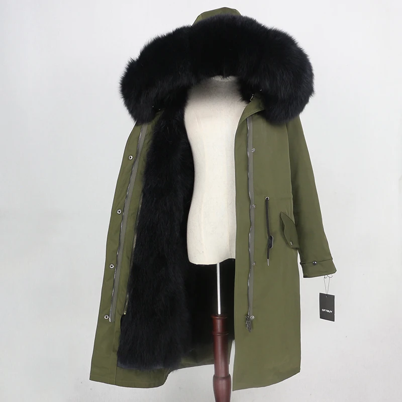 green black Пальто с натуральным мехом, бренд X-long Parka, водонепроницаемая ткань, верхняя одежда, зимняя куртка для женщин, натуральный Лисий мех, капюшон, подкладка из лисьего меха, отстегивается - Цвет: green black