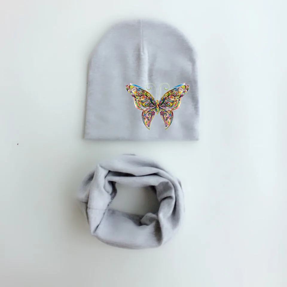 butterfly gray Детские шапки для девочек с мультяшным принтом; детская шапка; шапка для маленьких мальчиков; хлопковый Детский шарф с воротником; детская шапка; детская шапочка; шапки-бини - Цвет: butterfly gray
