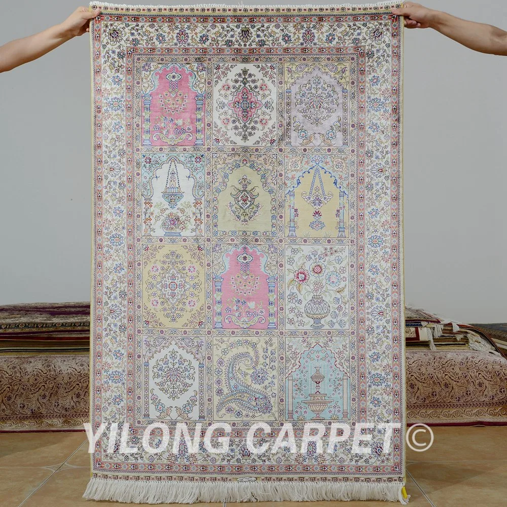 Yilong 3 'x 4 5' Античный персидский шелк розовый садовый коврик ручной вязки
