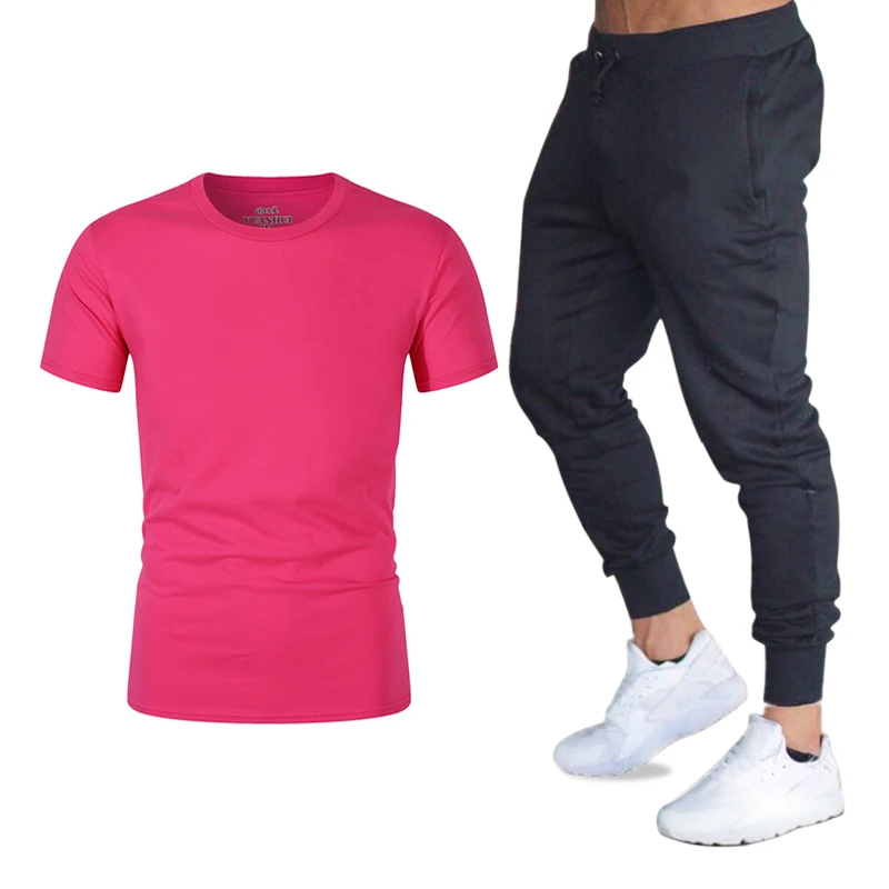2019 new summer short men's casual suit sportswear solid color 17 round neck cotton patchwork T-shirt + trousers | Мужская одежда