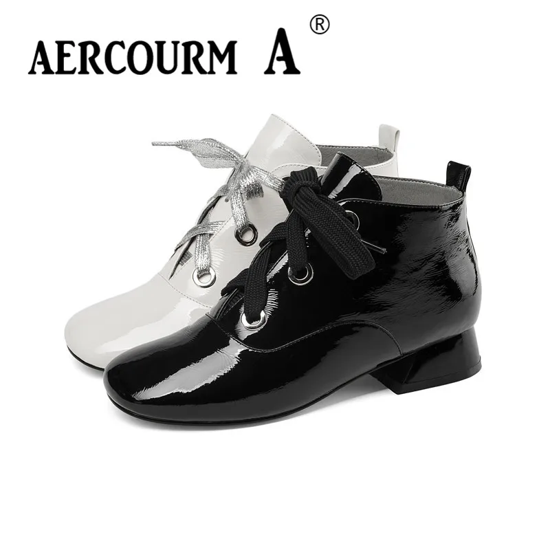 Aercourm A/ г. осенние женские ботильоны на низком каблуке черные ботиночки с декоративной лентой Короткие Плюшевые ботинки блестящие туфли из лакированной кожи Размер 34-43