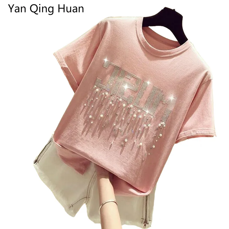 

Yan Qing Huan Summer New Loose Letter Animal Rabbit Print Pattern Ladies Short-sleeved T-shirt Bow Beaded Women's Harajuku Tees