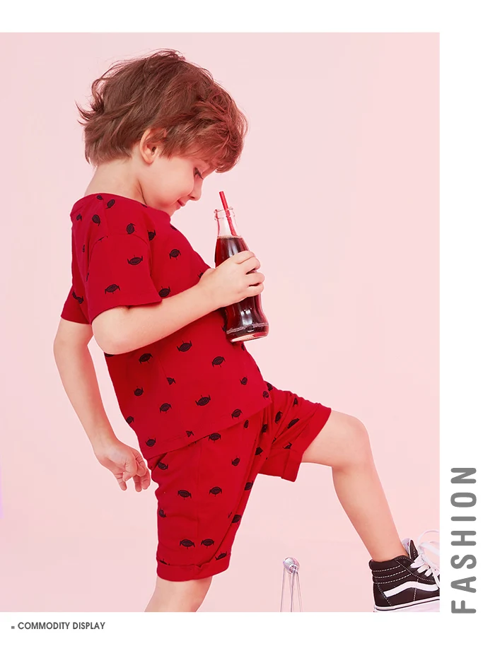 BalabalaBaby/комплекты с короткими рукавами для мальчиков Новинка года, летняя детская хлопковая Футболка с принтом «три глаза монстра»+ шорты детская одежда
