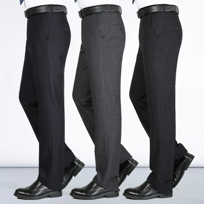 

Autumn Mens Thicken Suit Pants Men Business Casual Dress Trousers Winter Straight High Wasit Formal Pants Large Size Wash Wear