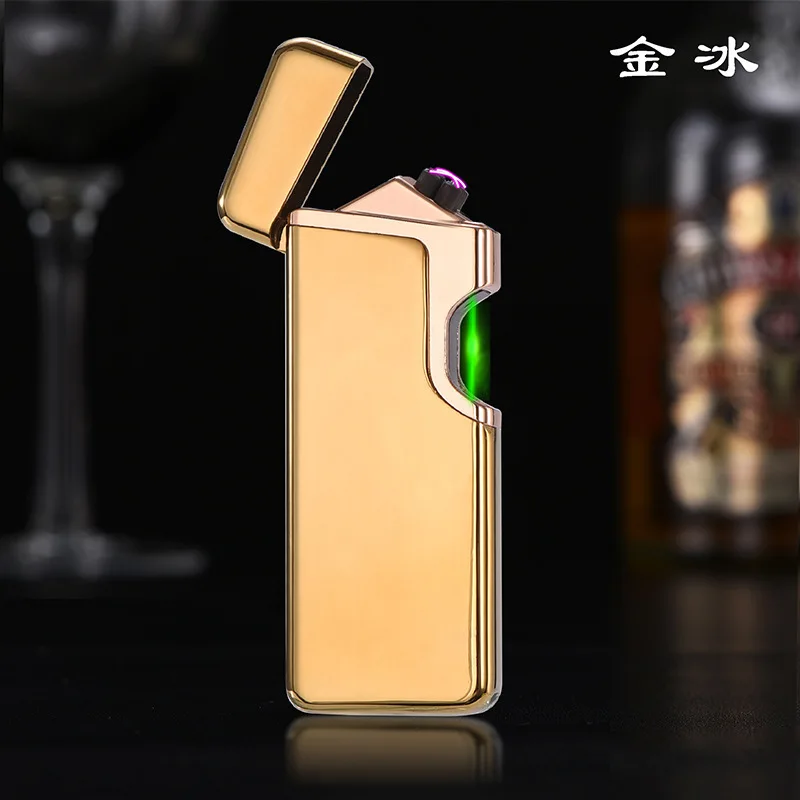 Индукционная электронная USB Зажигалка, металлическая плазменная зажигалка с двойной дугой, зажигалка для сигарет, Электрический Турбо-зажигалка, мужские подарки - Цвет: Ice Gold