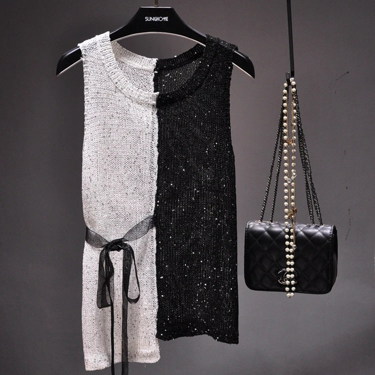 2018 New Casual bling sequins shiny knitted tank tops women gold sequined Vest shiby camis top | Женская одежда