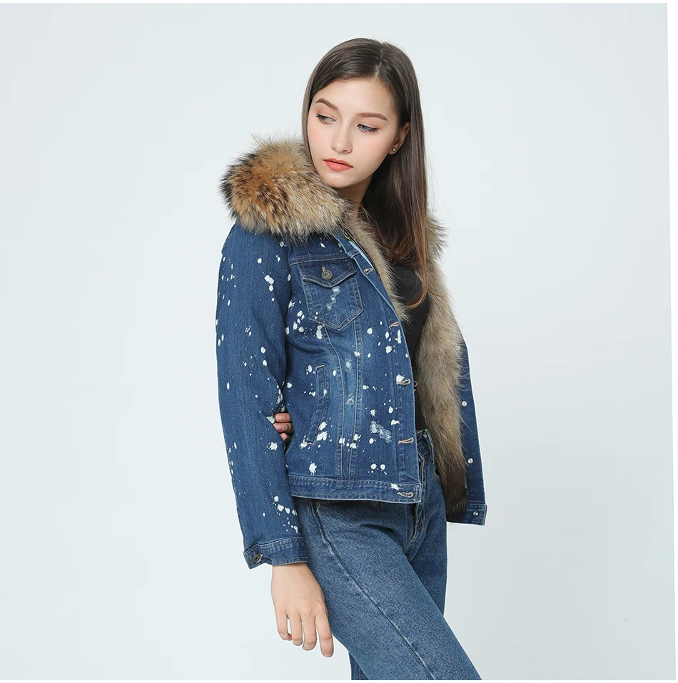 OFTBUY Новая повседневная зимняя куртка женская джинсовая куртка с дырками меховое пальто воротник из натурального меха енота парка с подкладкой из натурального меха енота